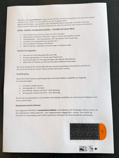 LaserPIN-Mailer bedruckt